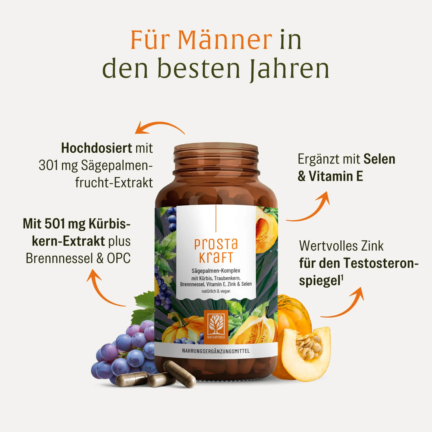 Prostakraft: Sägepalmen-Komplex mit Kürbis, Traubenkern, Brennnessel, Vitamin E, Zink & Selen - Image 3